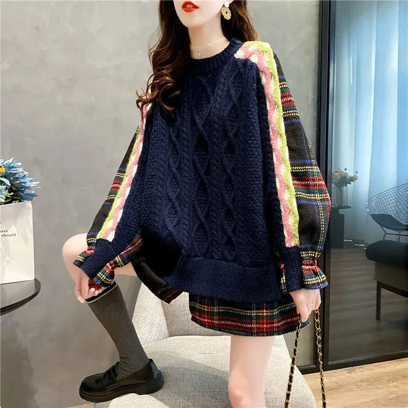 Josephine - Robe pull ample en tricot torsadé à carreaux pour femme