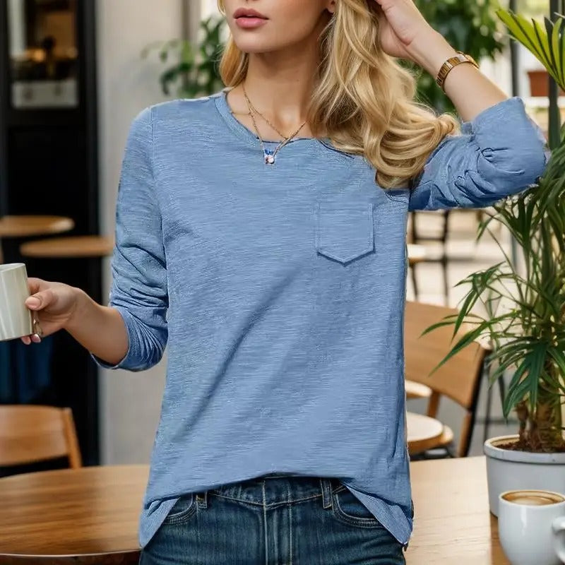 Sophronia - Chemise en coton à manches longues et col rond à la mode