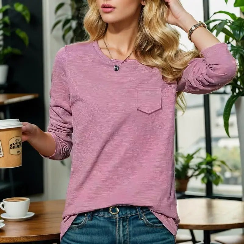 Sophronia - Chemise en coton à manches longues et col rond à la mode