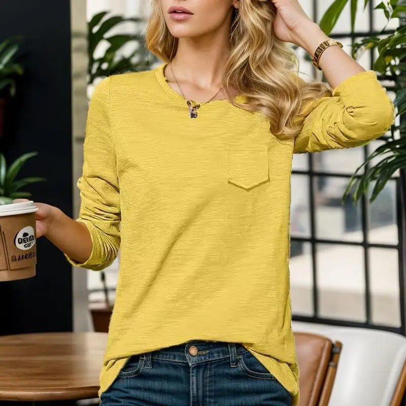 Sophronia - Chemise en coton à manches longues et col rond à la mode
