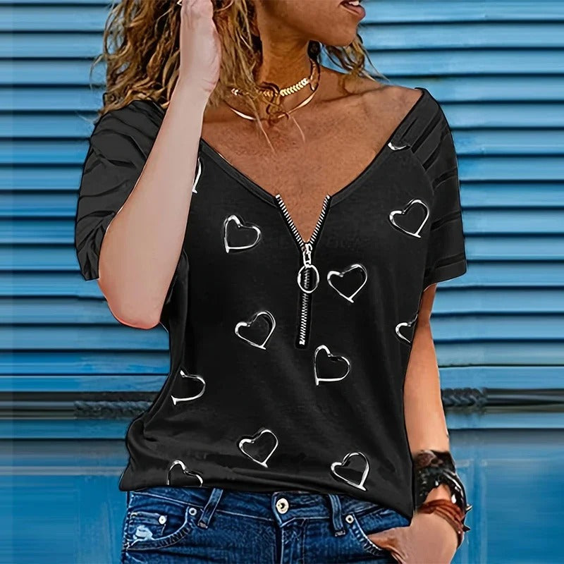 Adeline - Chemise zippée décontractée à manches courtes