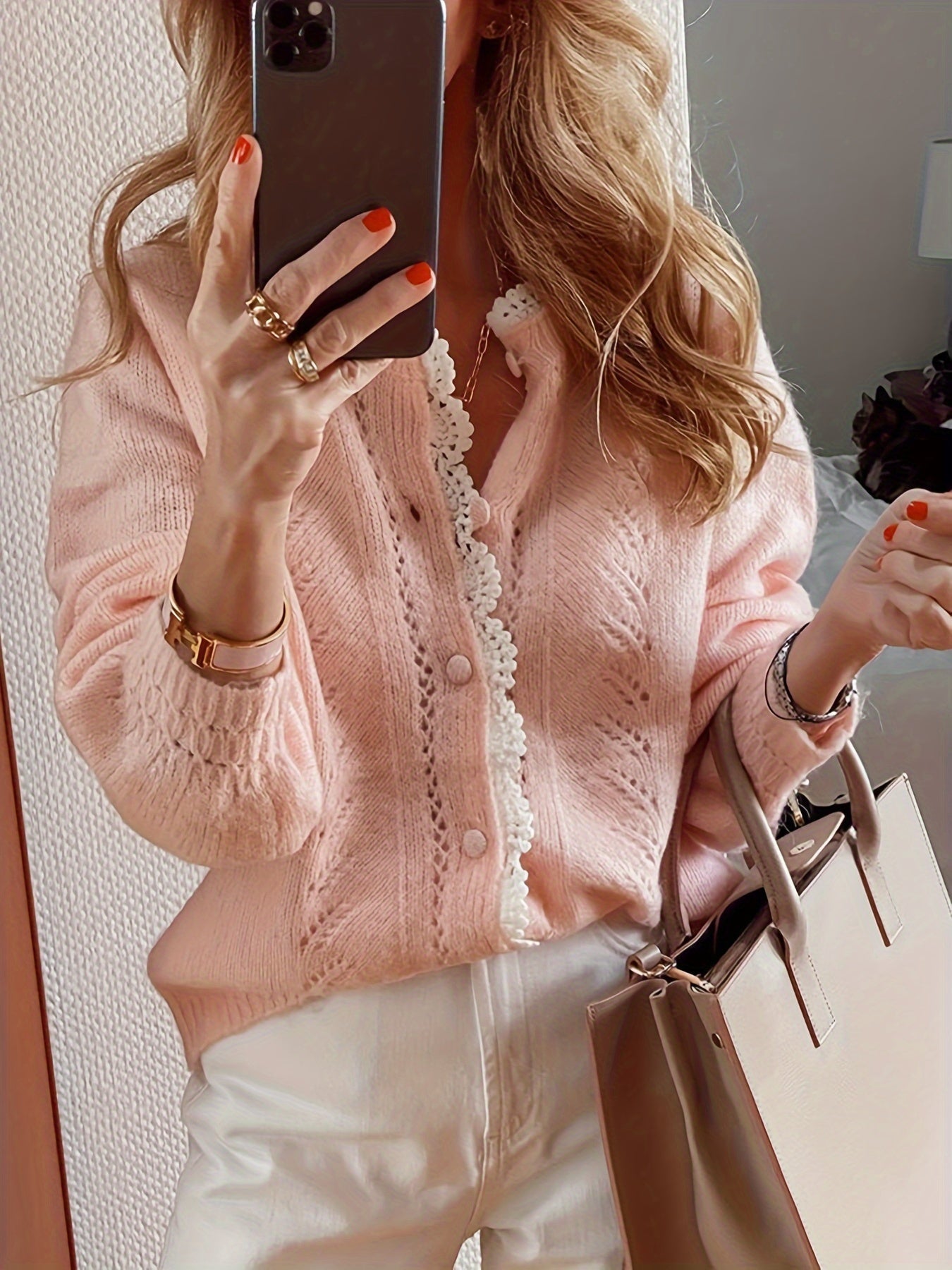 Cardigan Tricoté en Dentelle Rose pour Femmes