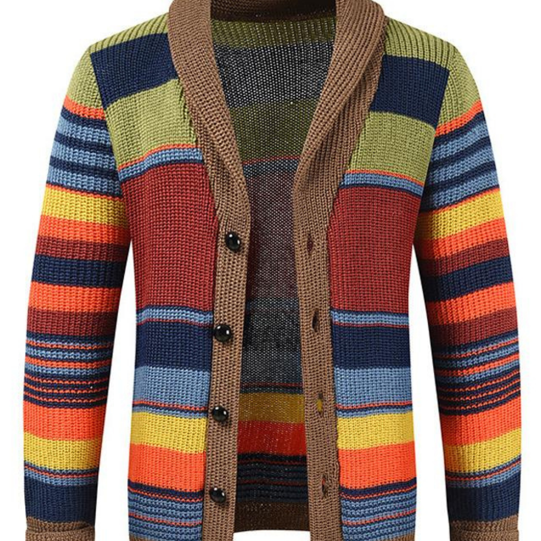 Uwenun | Cardigan Boutonné en Laine Rayé Multicolore pour Homme