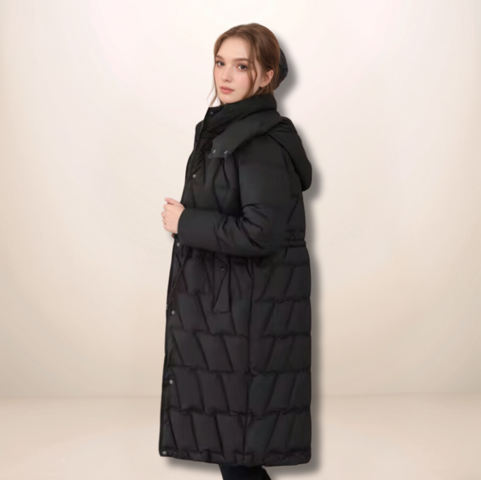 Agnès | Manteau Long d'Hiver Femme avec Capuche, Fermeture Éclair, Matelassé, Taille Ajustable avec Cordon