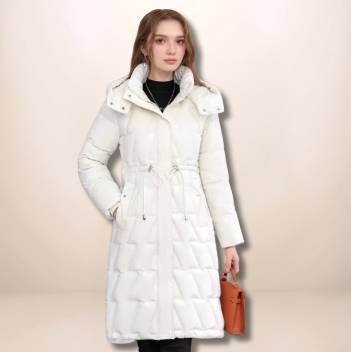 Agnès | Manteau Long d'Hiver Femme avec Capuche, Fermeture Éclair, Matelassé, Taille Ajustable avec Cordon