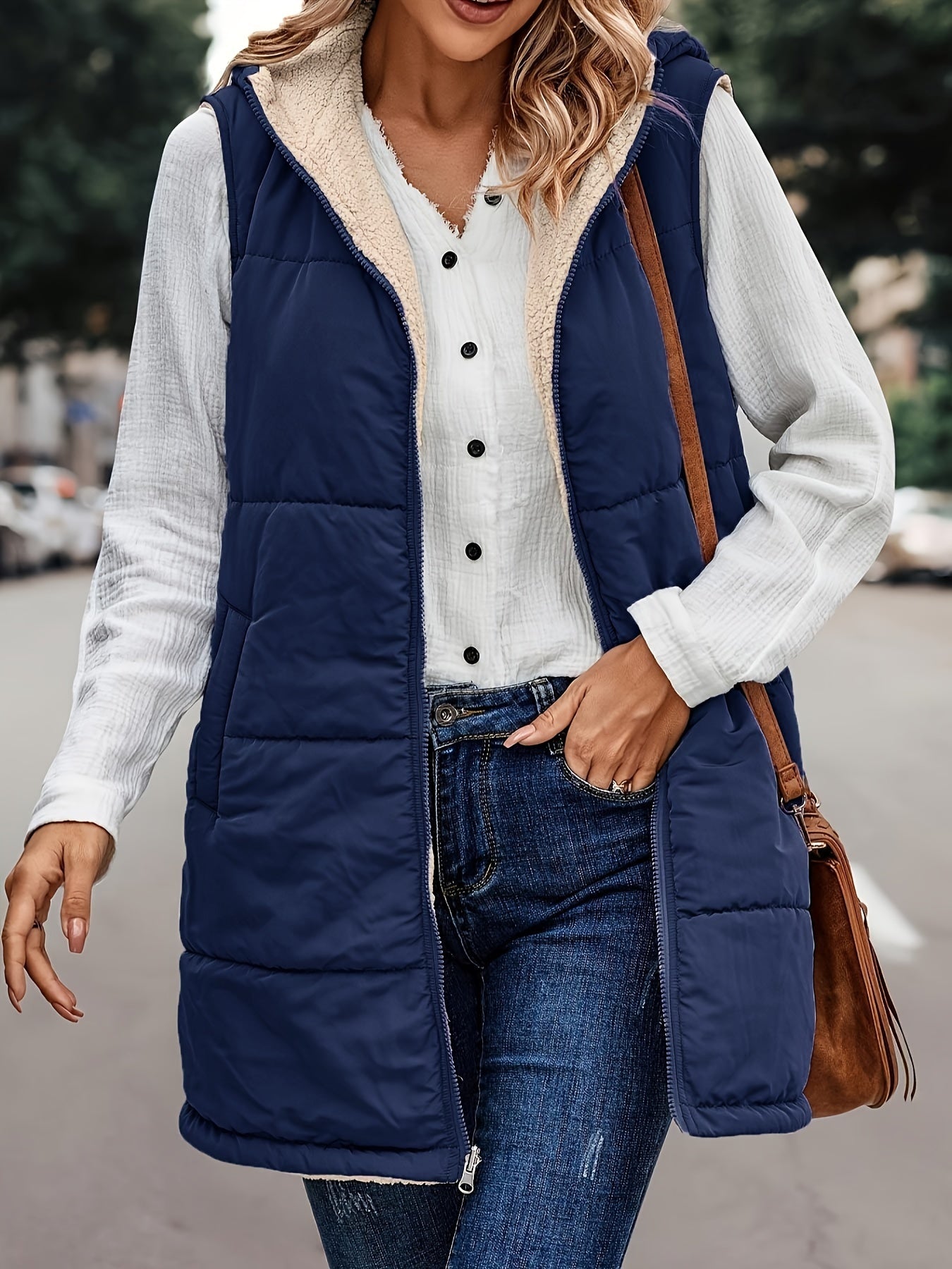 Rosine | Gilet long à capuche en molleton pour femme, zippé et de couleur unie