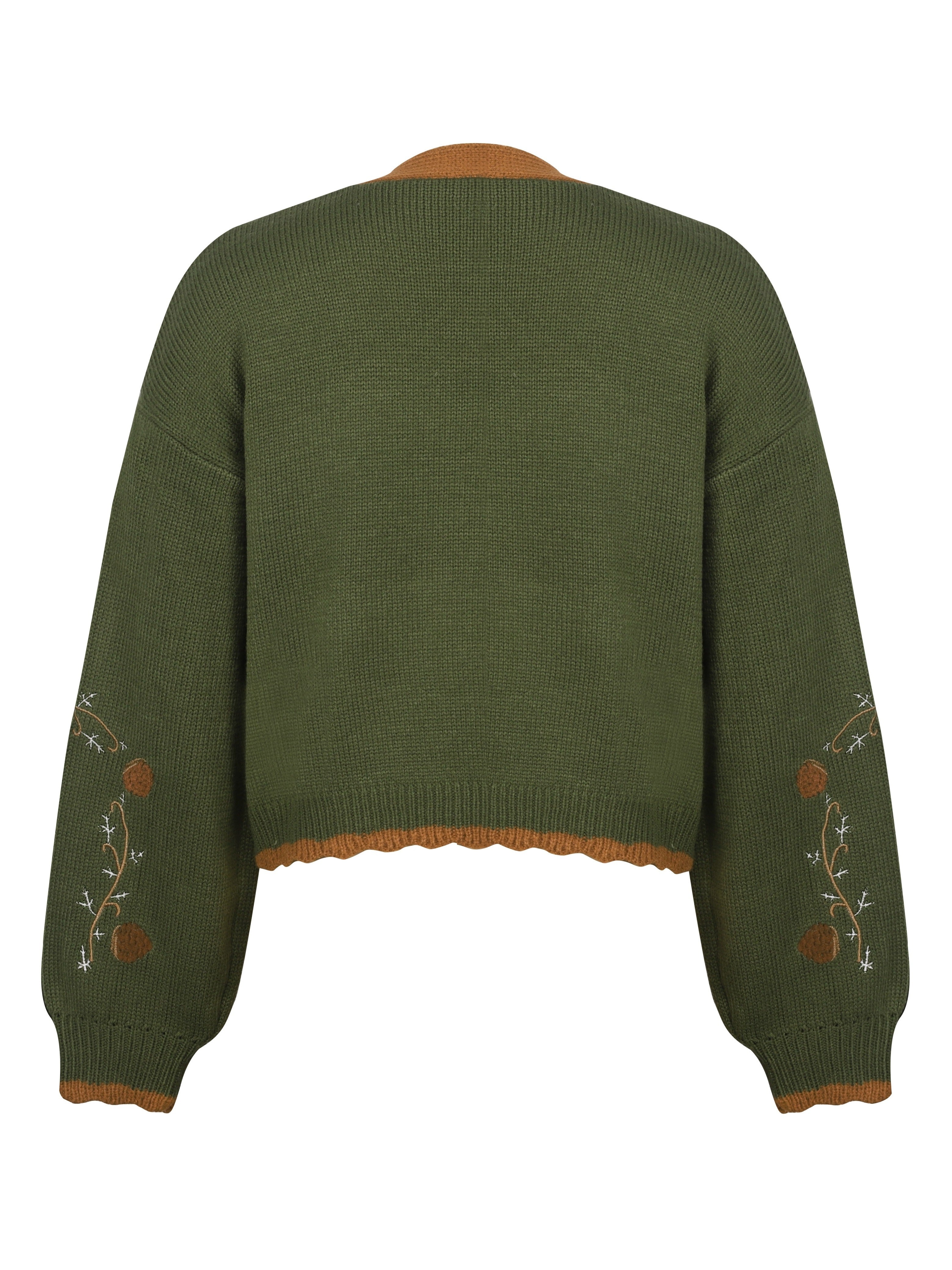 Félior | Cardigan en Laine Vert à Col V Boutonné avec Broderie Élégante pour Femme, Idéal pour le Quotidien