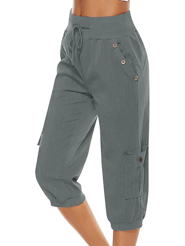 Vicky - Pantalon cargo à cordon de serrage pour femmes, taille élastique, décontracté Capri