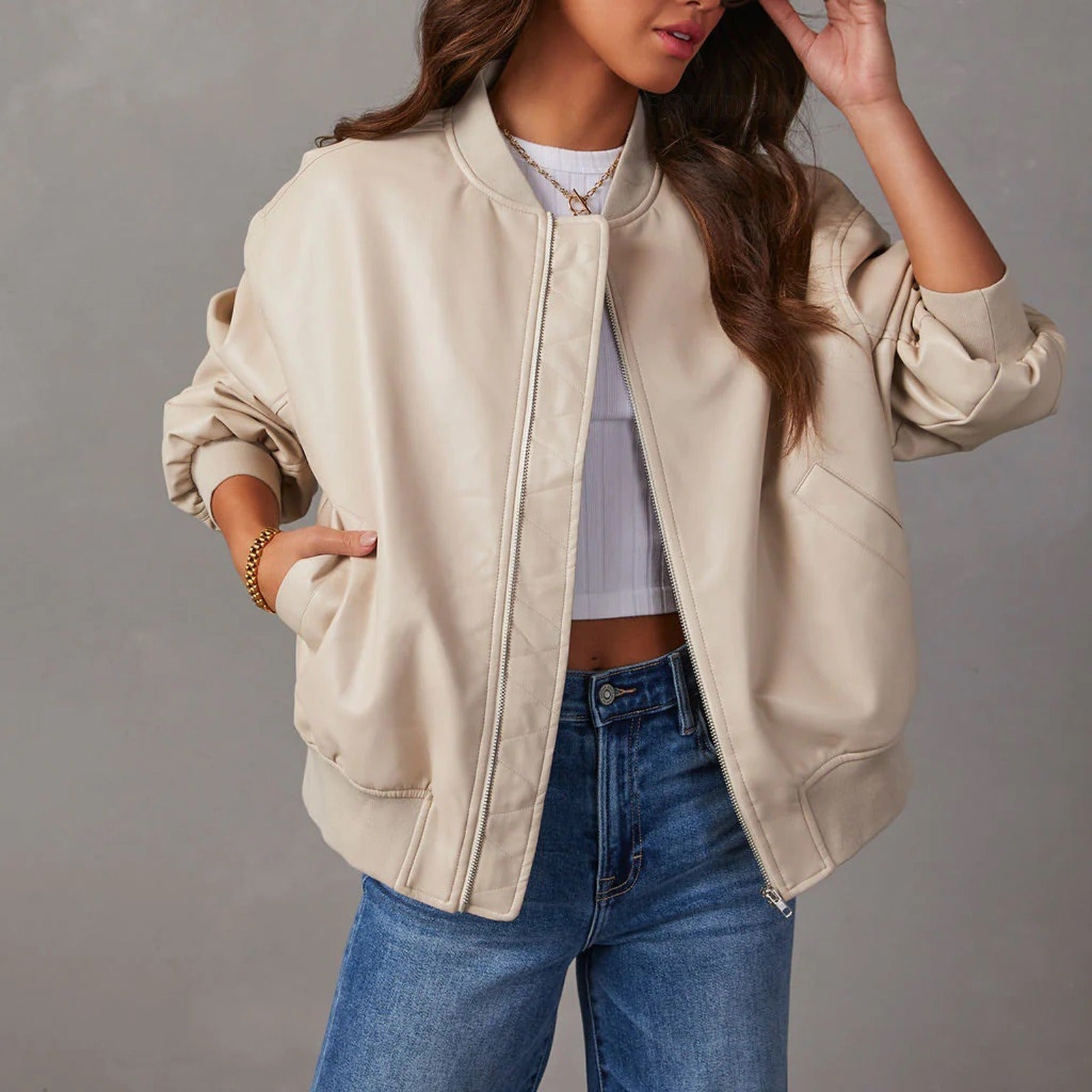 Veste Biker en Cuir Décontractée Style Baseball Femmes