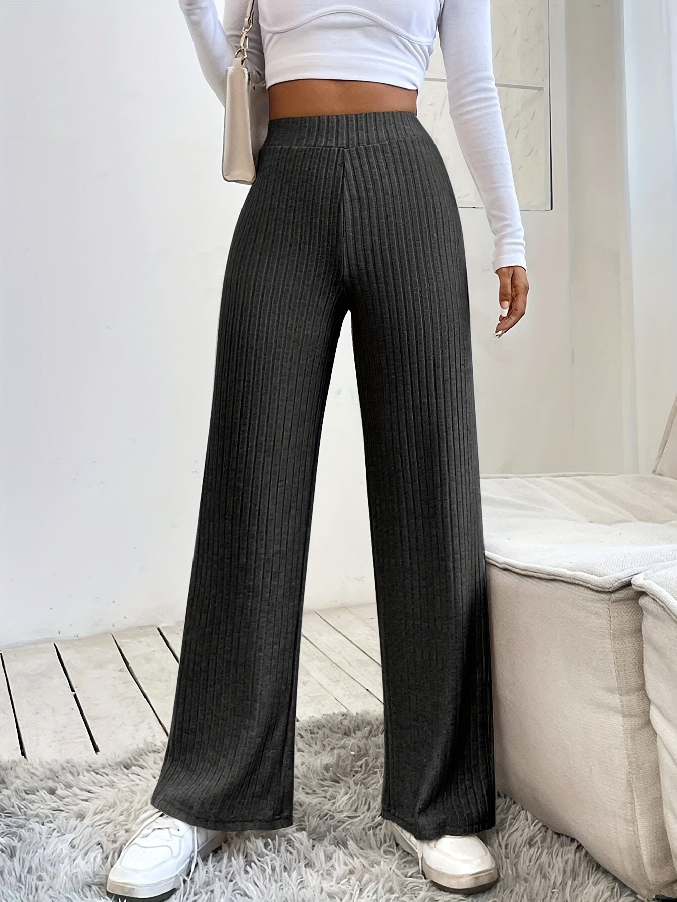 Pantalon Large Côtelé Élastique Élégant Femme