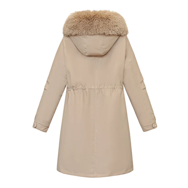 Yvonne | Manteau Long Hiver Femme avec Capuche en Fourrure, Taille Réglable, Fermeture Éclair