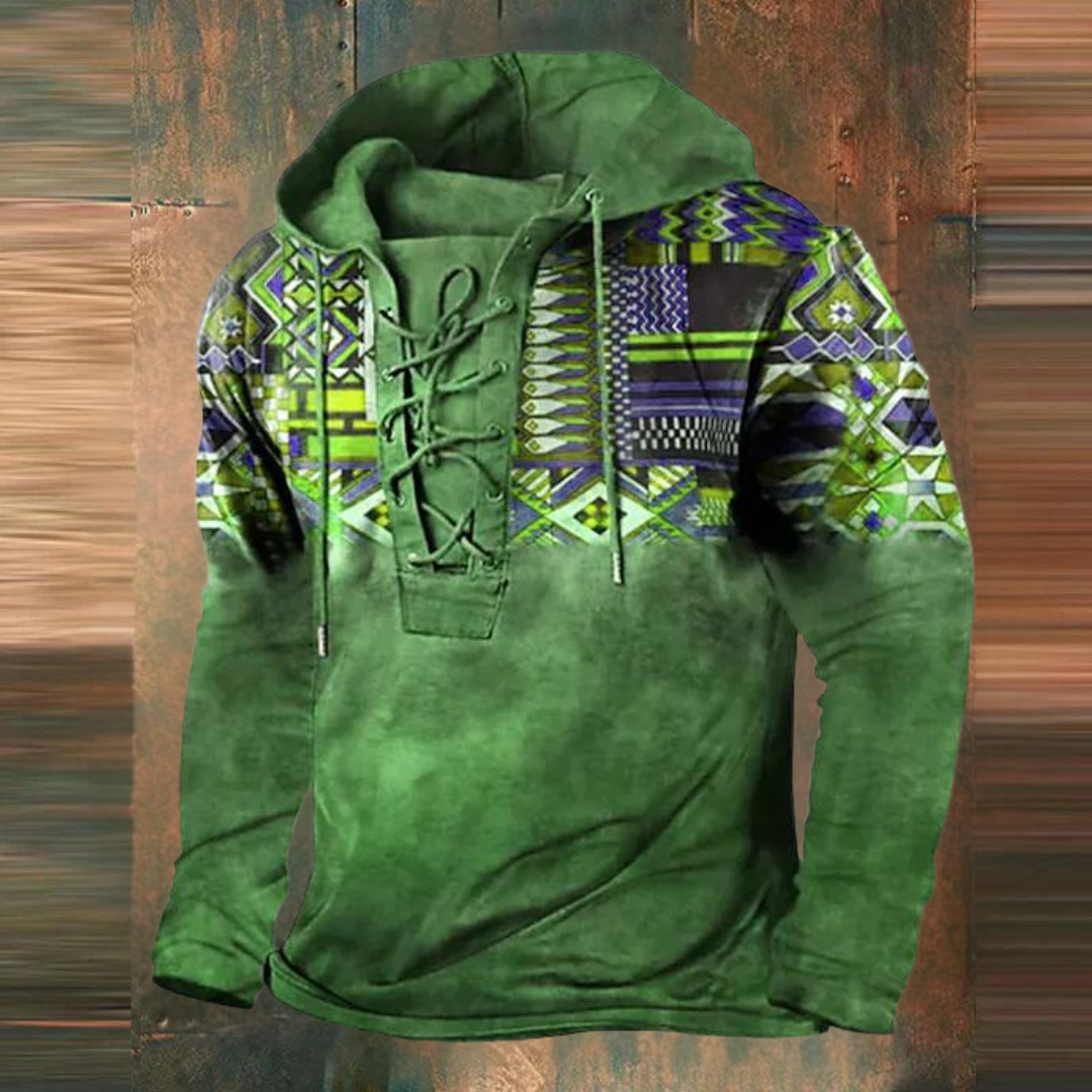 Clovis | Sweat à Capuche Vintage à Cordon et Col à Nouer avec Imprimé Tribal pour Homme