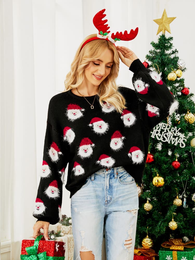 Pull Festif Gris en Maille avec Motif Père Noël Femmes