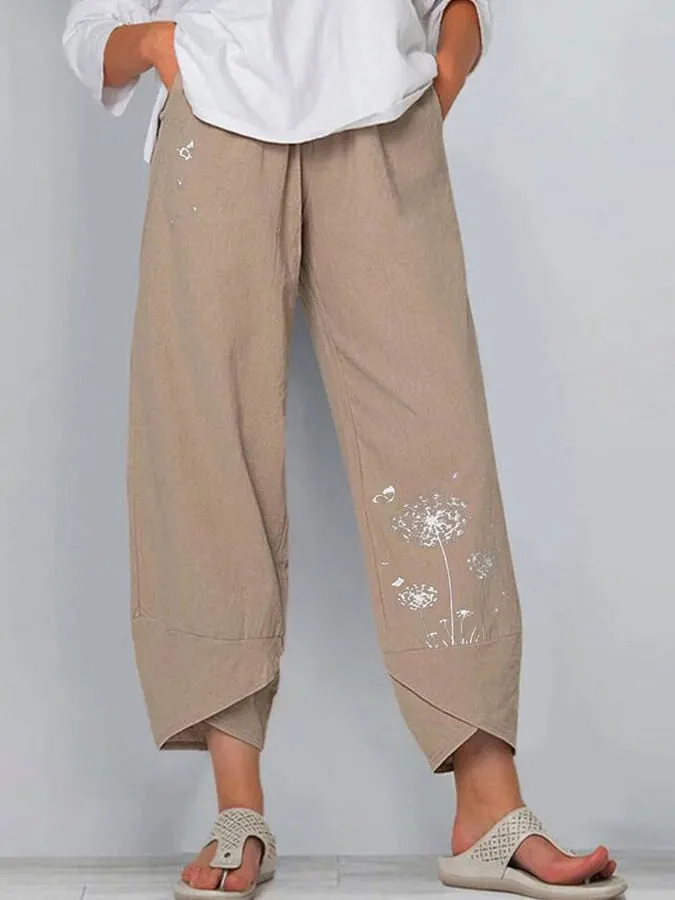 Esmeralda - Pantalon ample à jambes larges en lin et coton imprimé pissenlit pour femme