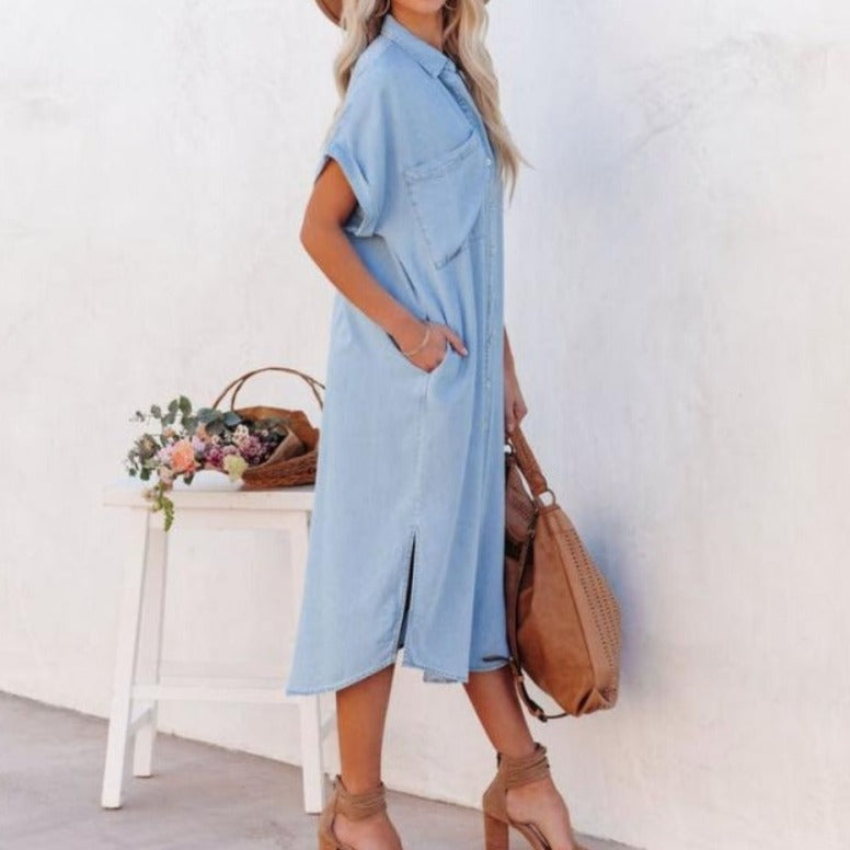 Grace - Robe chemise en denim à manches courtes