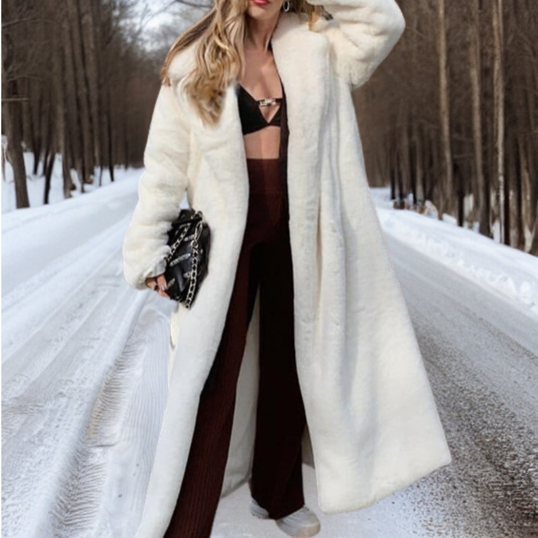 Félicienne | Manteau d'Hiver Long en Teddy Blanc à Col Revers pour Femme