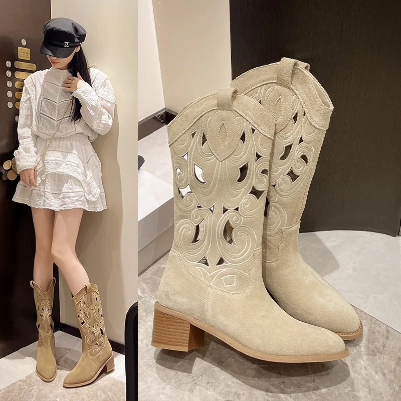 Fleur | Bottes Western en Suède avec Découpes - Style Cowboy pour Femmes