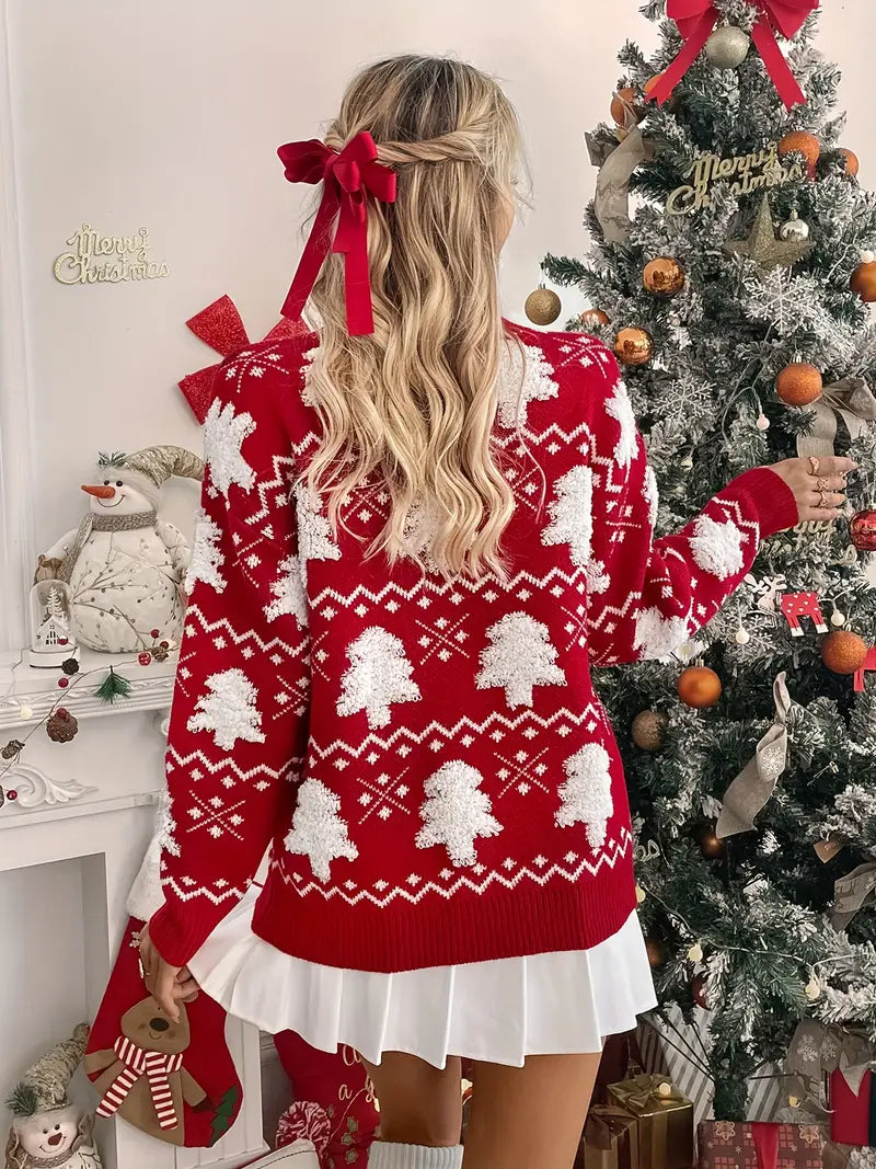 Gévina | Pull Femme Rouge à Col Rond avec Motif Sapin de Noël