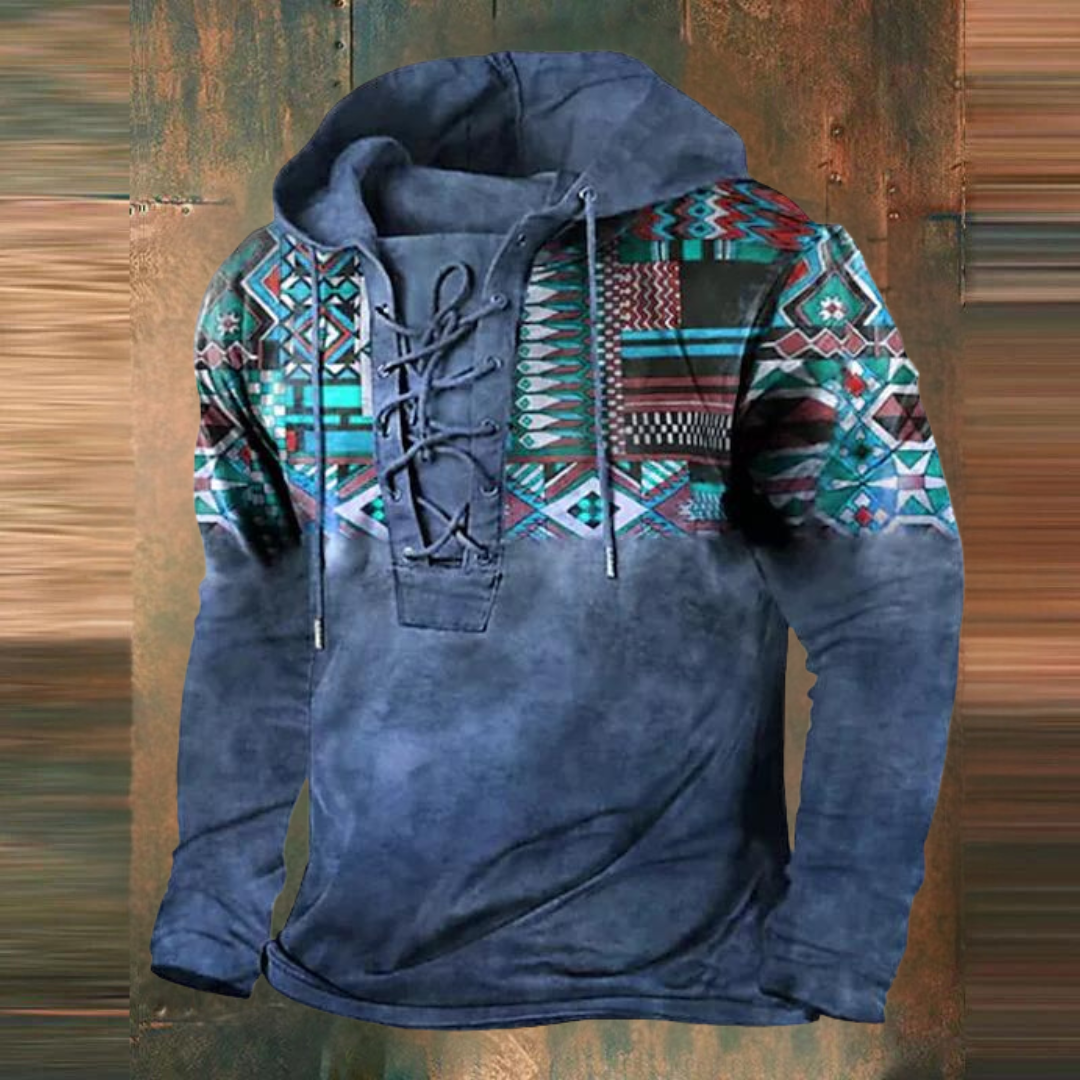 Clovis | Sweat à Capuche Vintage à Cordon et Col à Nouer avec Imprimé Tribal pour Homme