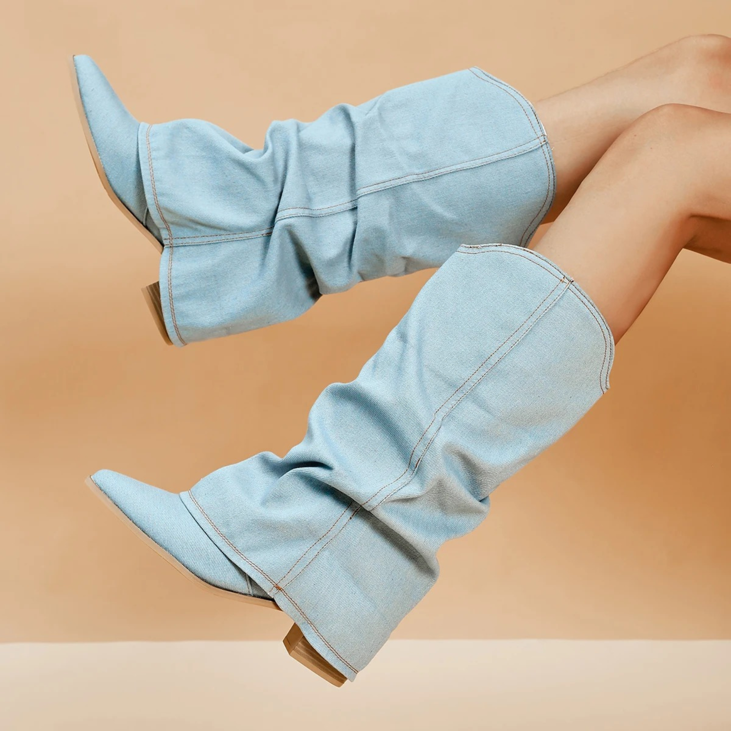 Willia | Bottes mi-hautes en denim plissé à talon bloc