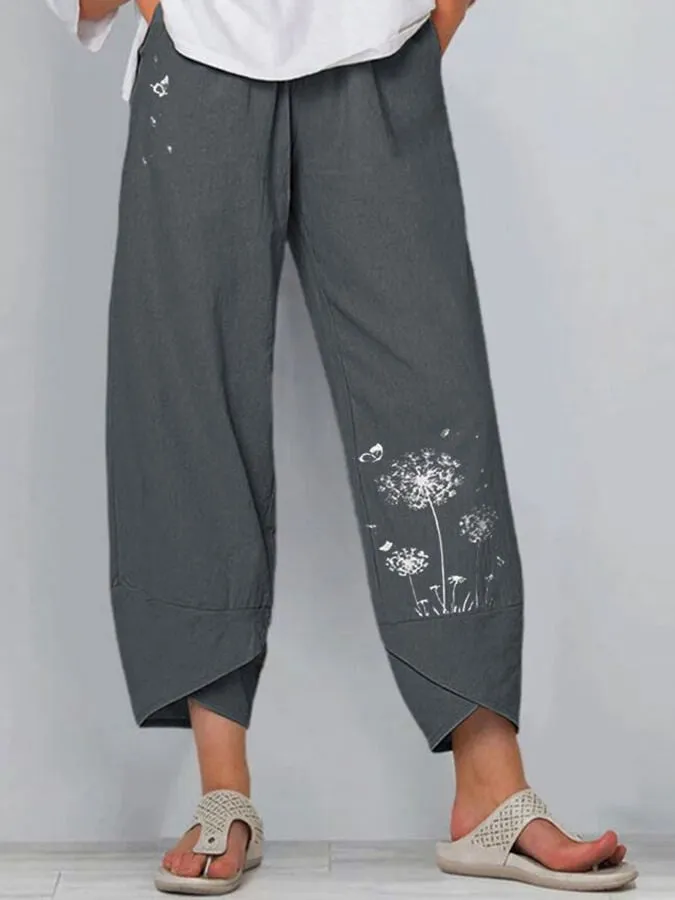 Esmeralda - Pantalon ample à jambes larges en lin et coton imprimé pissenlit pour femme