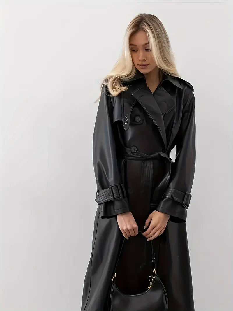 Manteau Trench Ceinturé en Cuir Noir Femme Élégant