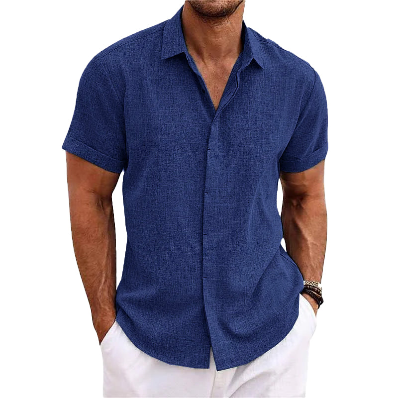 Pierre – Chemise pour hommes à manches courtes en coton et lin, unie avec col