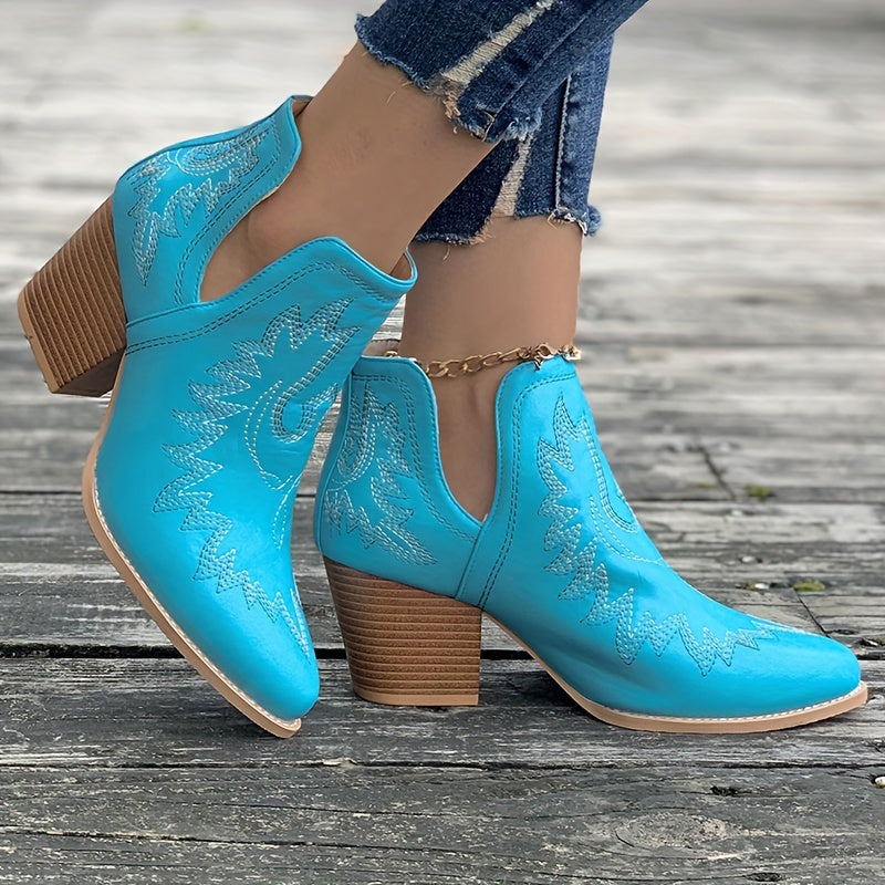 Estika | Bottes Western pour Femme avec Talon Bloc et Broderie Rétro