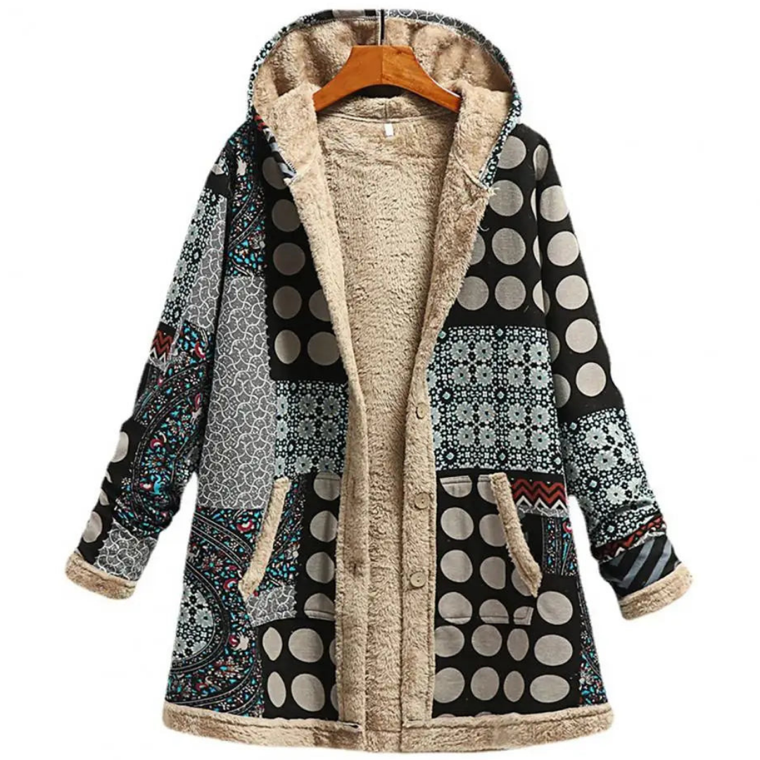 Edelheid | Manteau Vintage à Capuche Patchwork Coloré Doublé en Polaire pour Femme