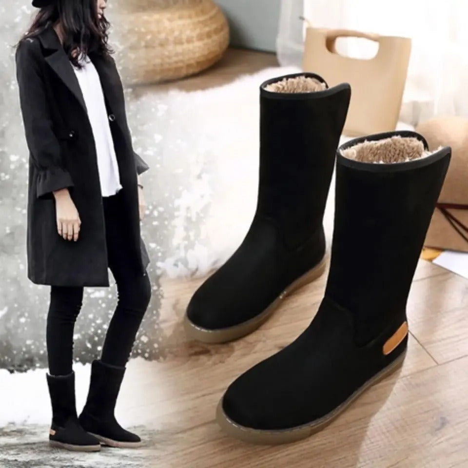 Jacinthe | Bottes Mi-Longues Noires Femme Doublées en Fleece avec Talon Plat