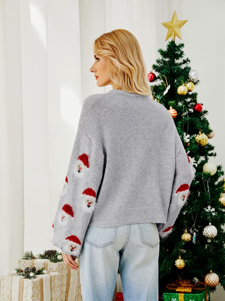 Pull Festif Gris en Maille avec Motif Père Noël Femmes