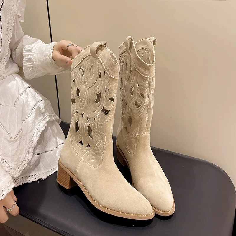 Fleur | Bottes Western en Suède avec Découpes - Style Cowboy pour Femmes