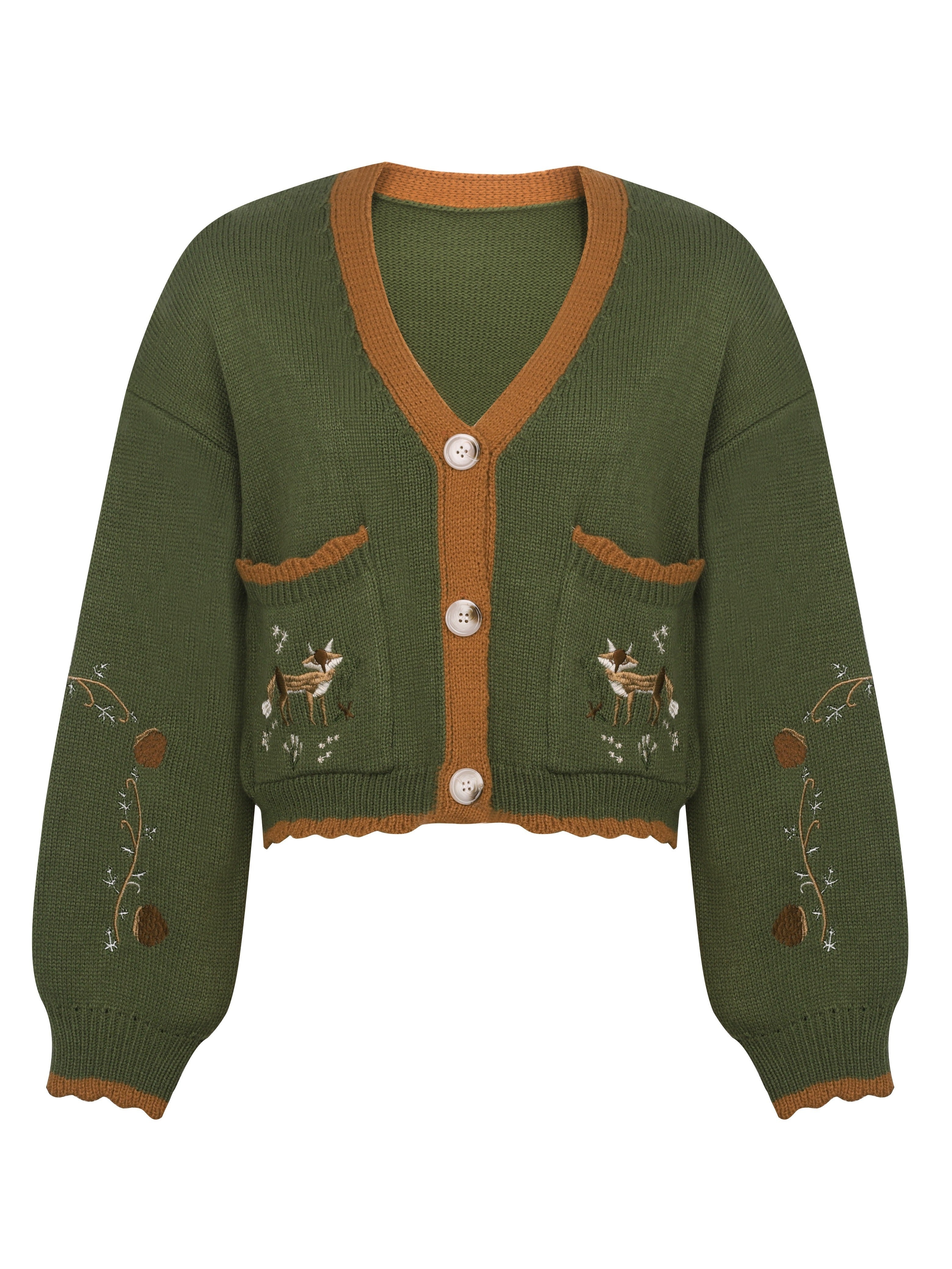 Félior | Cardigan en Laine Vert à Col V Boutonné avec Broderie Élégante pour Femme, Idéal pour le Quotidien