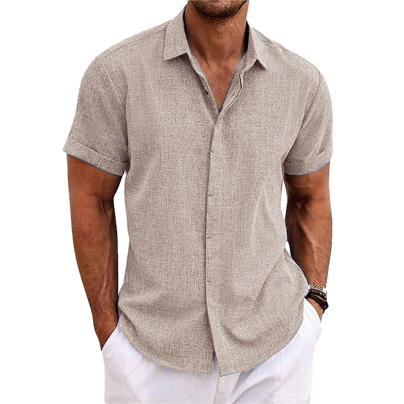 Pierre – Chemise pour hommes à manches courtes en coton et lin, unie avec col