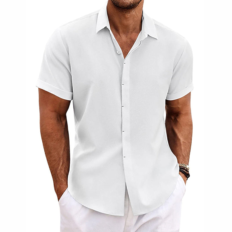 Pierre – Chemise pour hommes à manches courtes en coton et lin, unie avec col