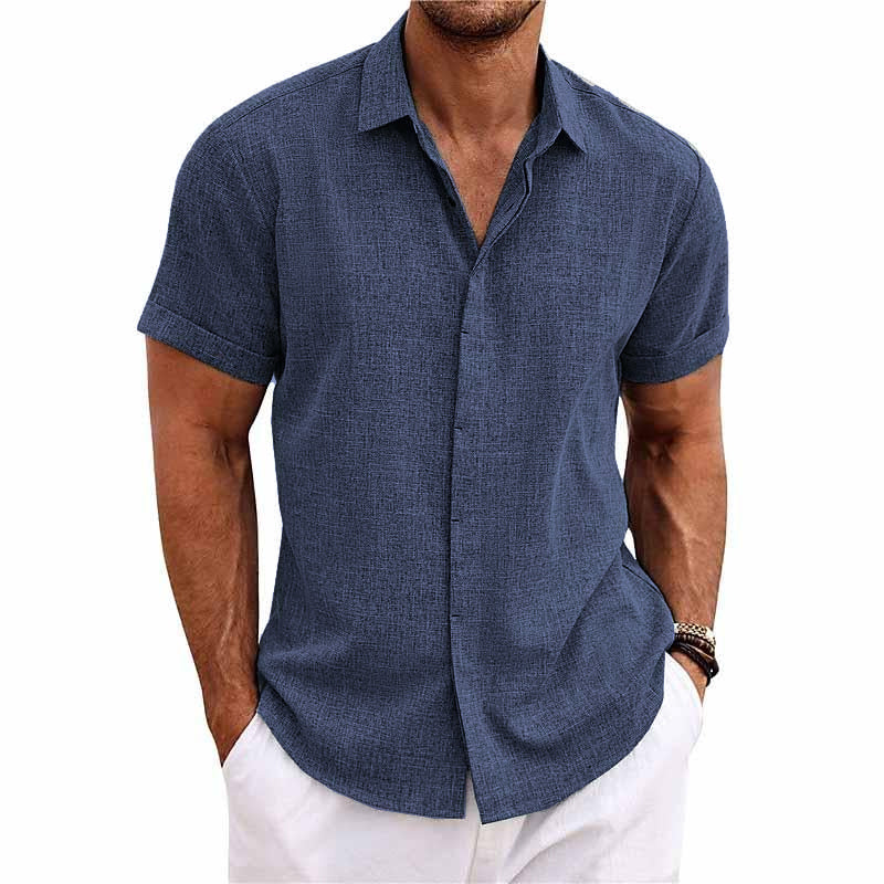 Pierre – Chemise pour hommes à manches courtes en coton et lin, unie avec col