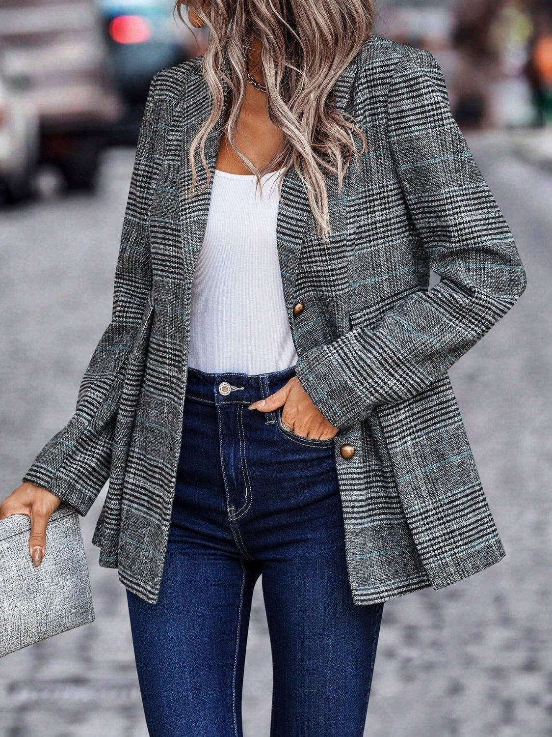 Amelie - Blazer à Col Revers Boutonné en Plaid pour Femme