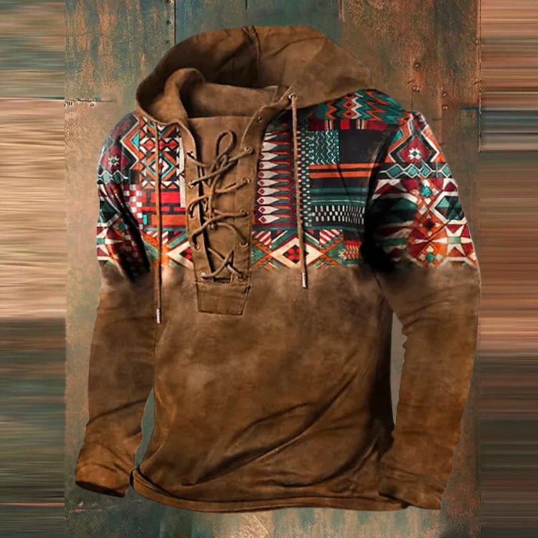 Clovis | Sweat à Capuche Vintage à Cordon et Col à Nouer avec Imprimé Tribal pour Homme