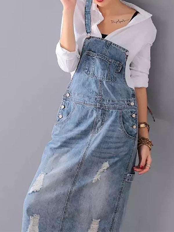 Robe Salopette en Jean Déchiré avec Fente Arrière