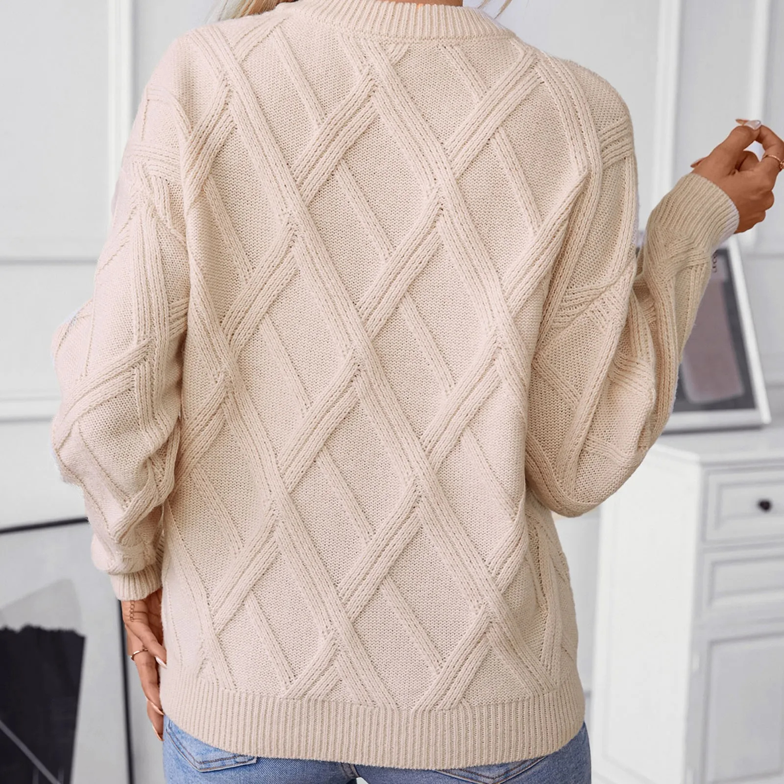 Téliane | Pull femme à col rond, coupe ample, motif texturé en losanges