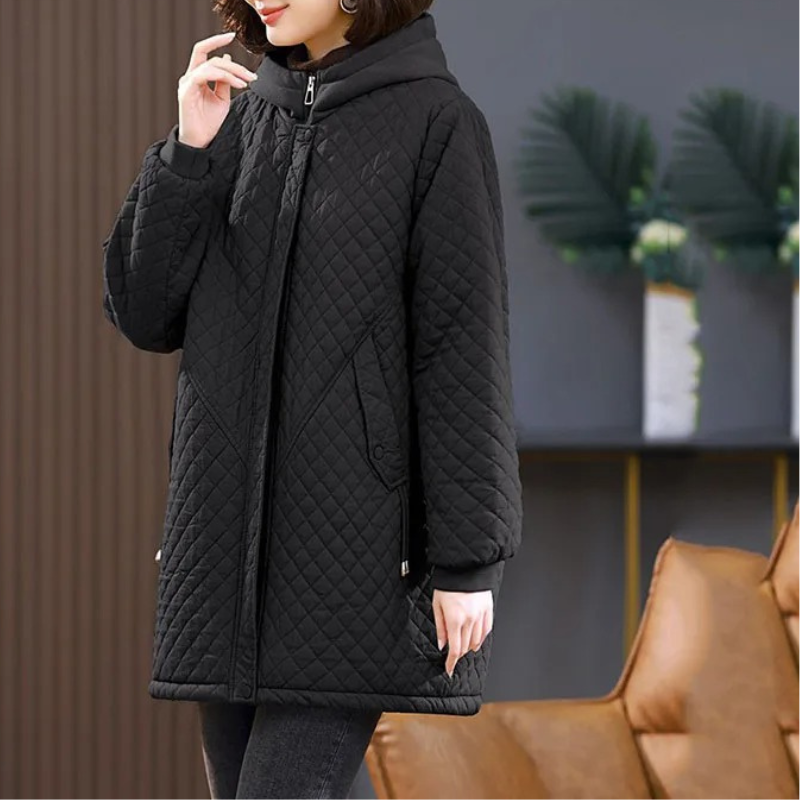 Calypso | Manteau Hiver Femme à Capuche, Zip Complet et Doublure Polaire – Design Matelassé avec Poches Latérales