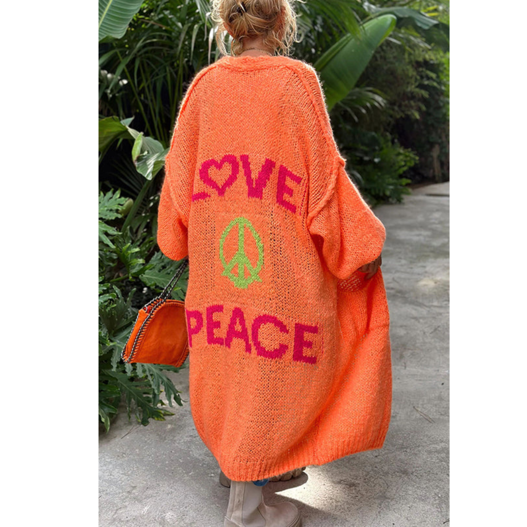 Peacy | Long cardigan tricoté pour femme avec imprimé Love & Peace