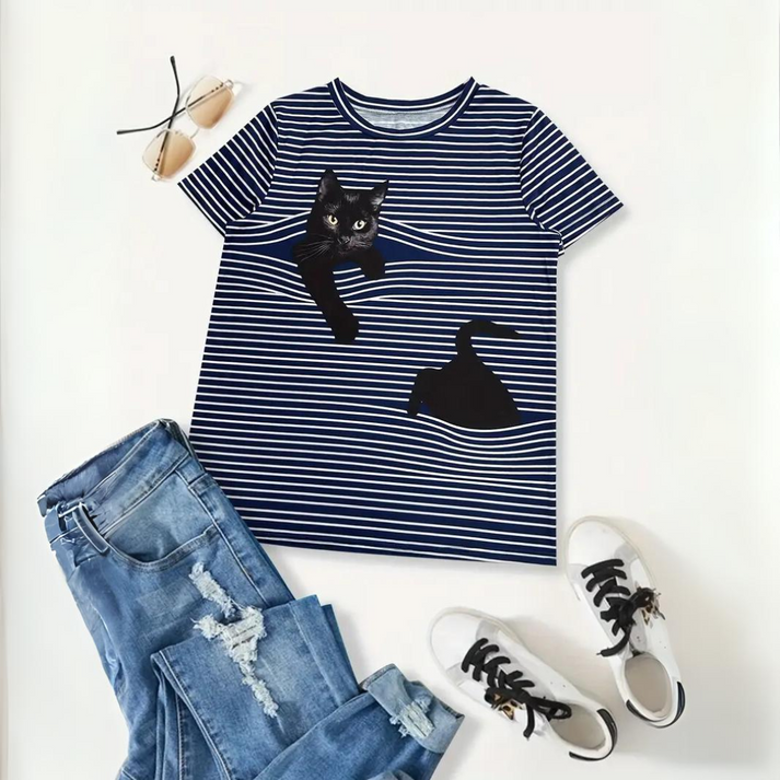 Henda | T-shirt Rayé avec Motif Chat pour un Style Tendance