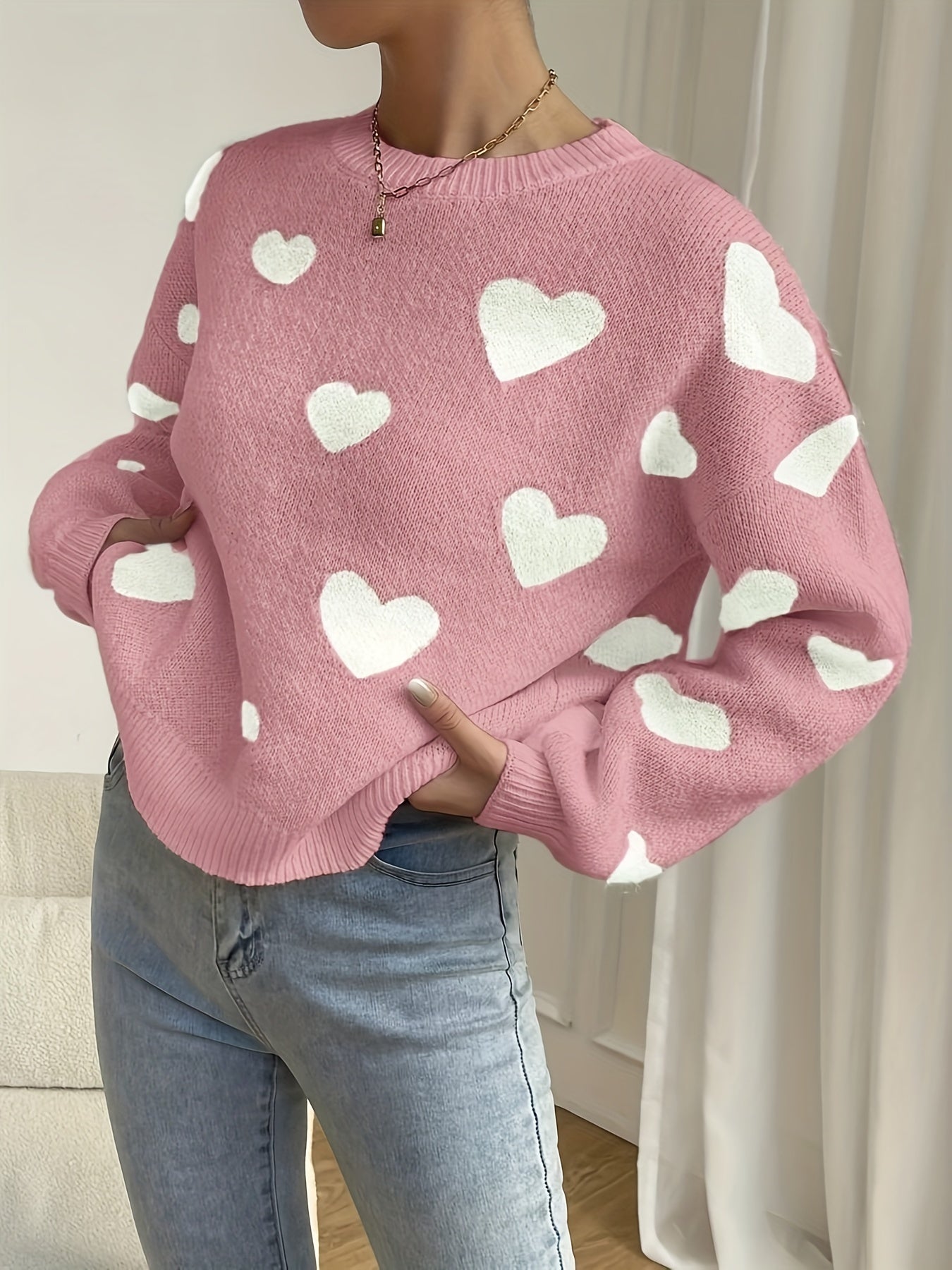 Pull Femme à Motifs Cœurs en Tricot Doux