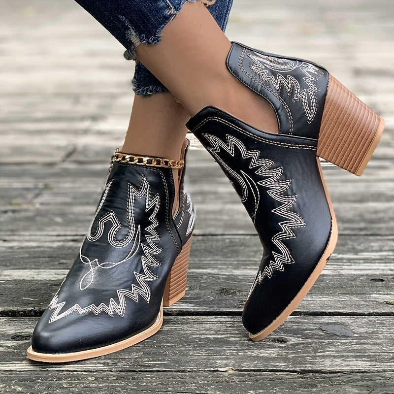 Estika | Bottes Western pour Femme avec Talon Bloc et Broderie Rétro