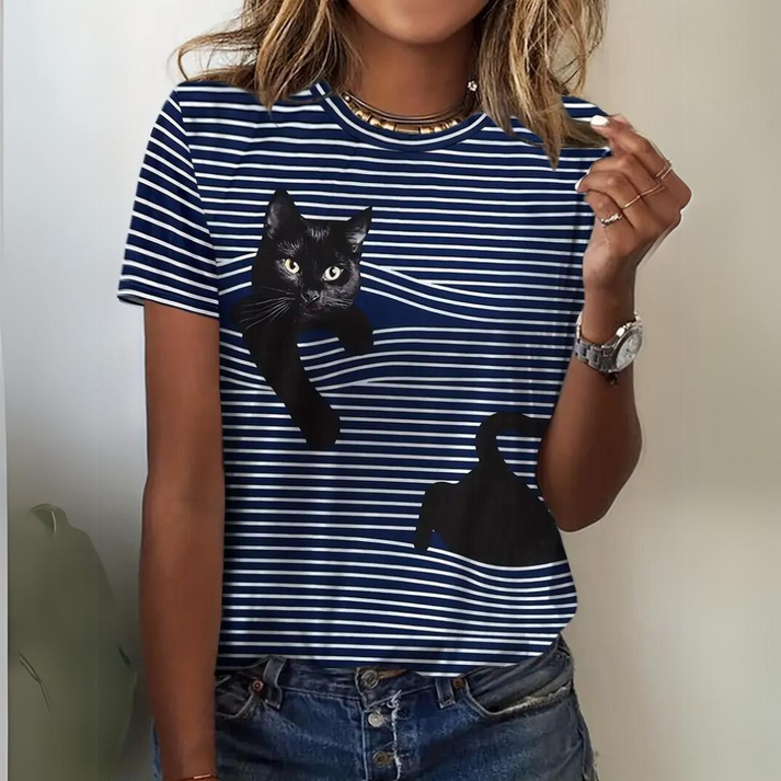 Henda | T-shirt Rayé avec Motif Chat pour un Style Tendance