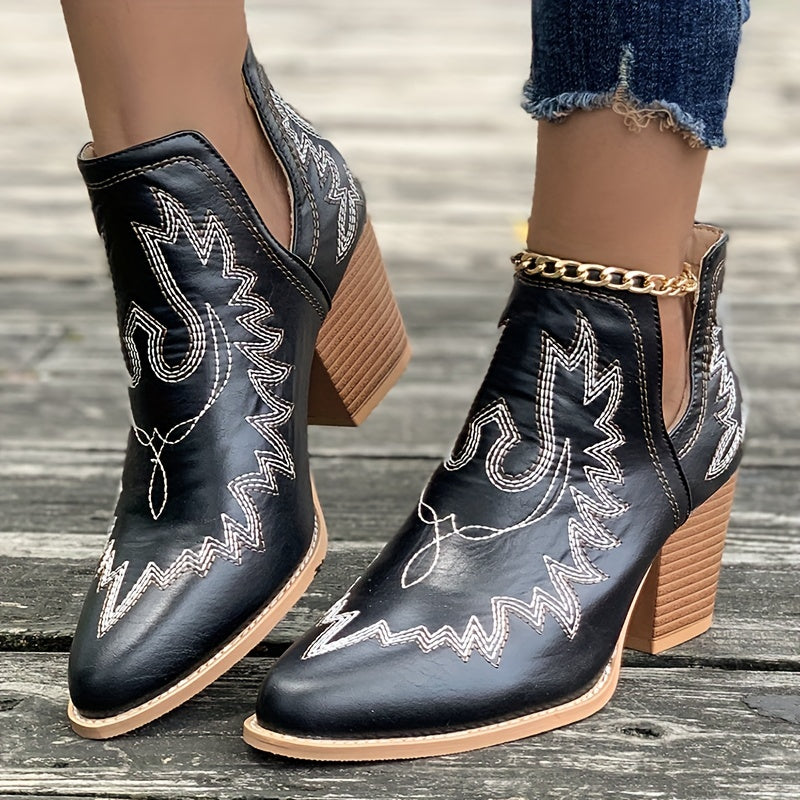 Estika | Bottes Western pour Femme avec Talon Bloc et Broderie Rétro