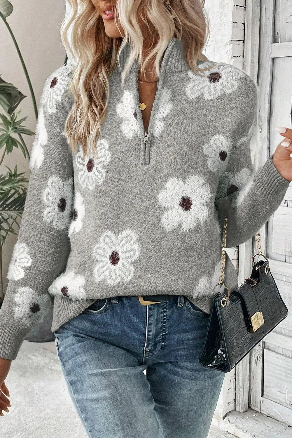 Pull Demi-fermeture éclair à Fleurs pour Femmes