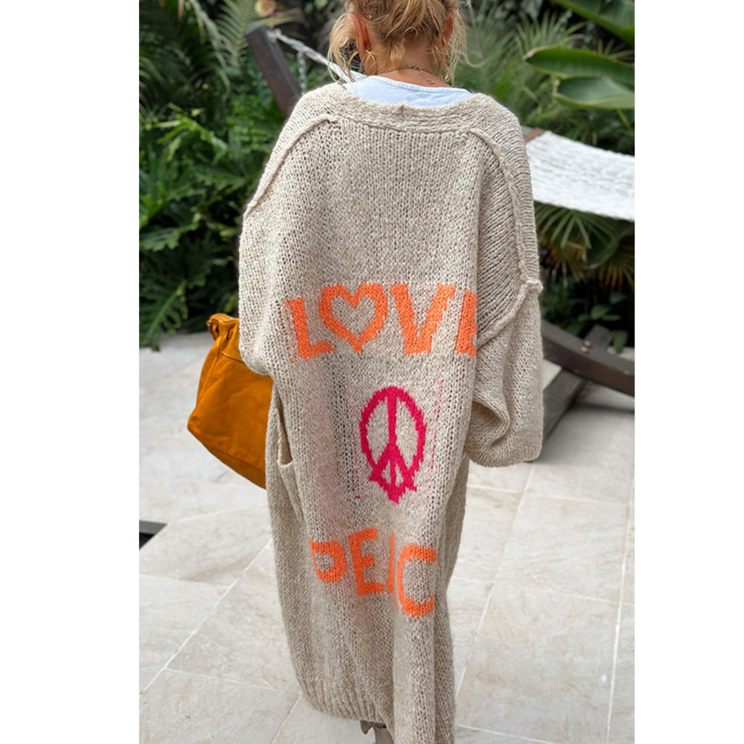 Peacy | Long cardigan tricoté pour femme avec imprimé Love & Peace