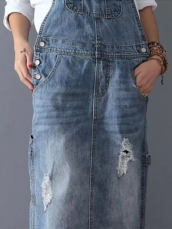 Robe Salopette en Jean Déchiré avec Fente Arrière